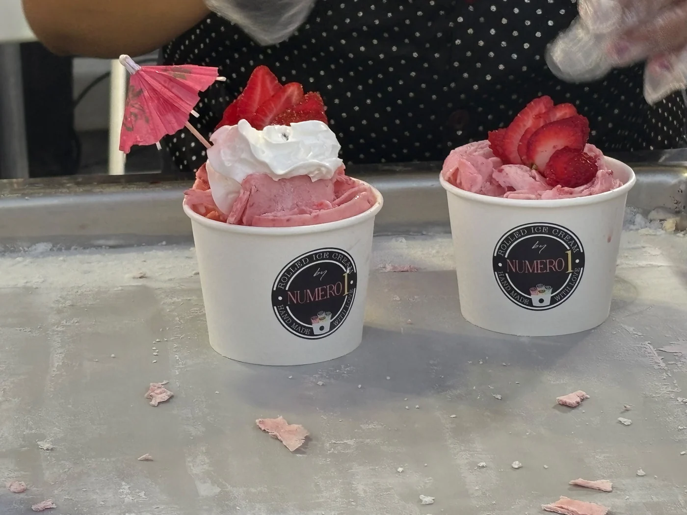 Fresh strawberry rolled ice cream in Numero Uno cups